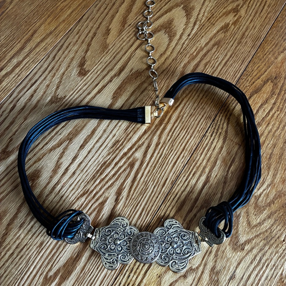 Vintage-Inspired 90s Gold Tone Filigree Fashion Belt with Black Cord (36-48 in)